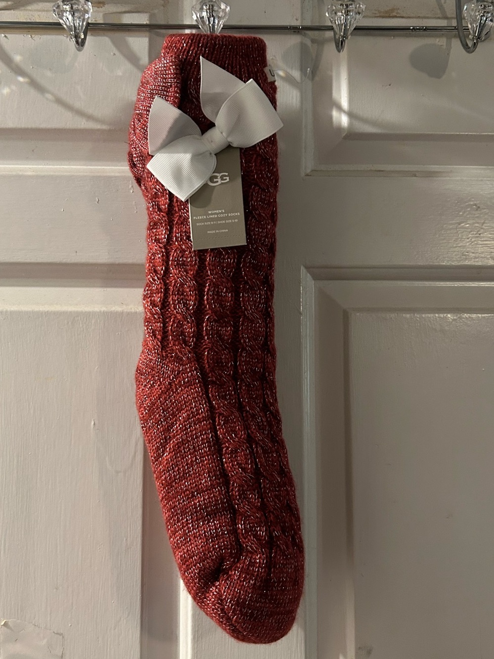 UGG Red Cable-Knit Women's Holiday Sock with White Bow